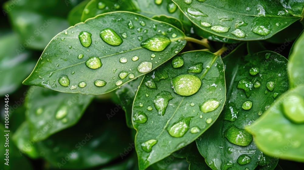 Fresh Green Leaves with Water Droplets Close-Up Fresh Green Leaves with Water Droplets Close-Up