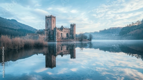 A serene castle reflected in a tranquil lake under a cloudy sky, surrounded by lush mountains and peaceful nature. photo