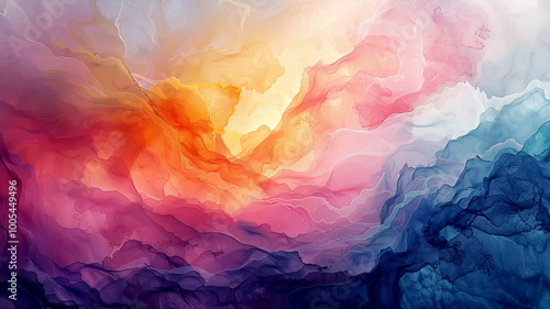 Vibrant abstract swirls of color blending together in a dreamy landscape at sunset