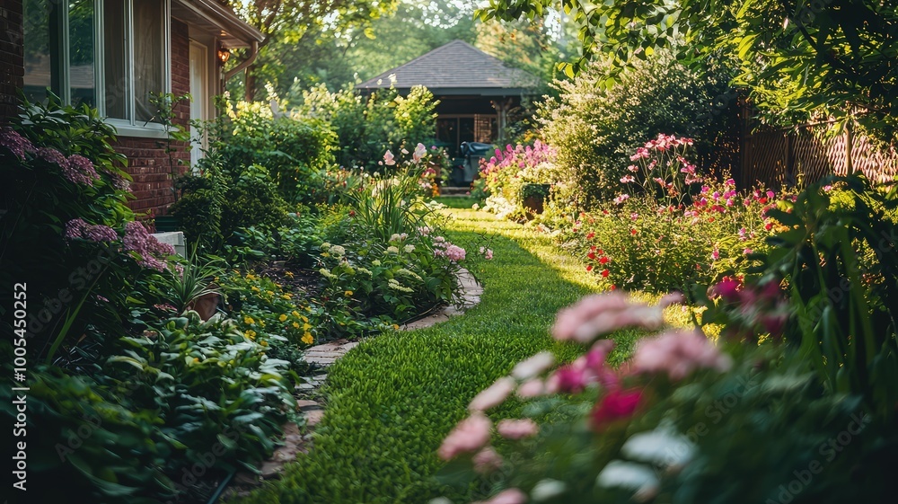 Fototapeta premium A serene garden pathway lined with colorful flowers and lush greenery, inviting tranquility and connection to nature.