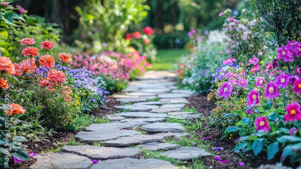 A serene garden pathway lined with vibrant flowers, inviting tranquility and natural beauty in a lush green setting. A serene garden pathway lined with vibrant flowers, inviting tranquility and natural beauty in a lush green setting.