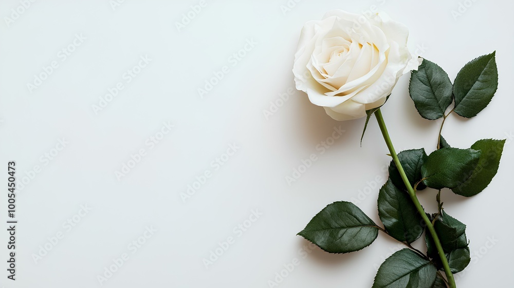 Fototapeta premium white rose on white background. Flat lay, top view, copy space 