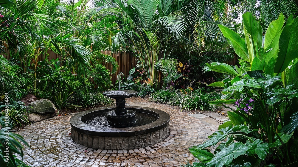A serene garden scene featuring a stone fountain surrounded by lush green plants and tropical foliage, perfect for relaxation. A serene garden scene featuring a stone fountain surrounded by lush green plants and tropical foliage, perfect for relaxation.