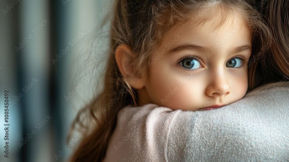 Child peeking over shoulder, soft focus, warm tones, indoor setting Child peeking over shoulder, soft focus, warm tones, indoor setting