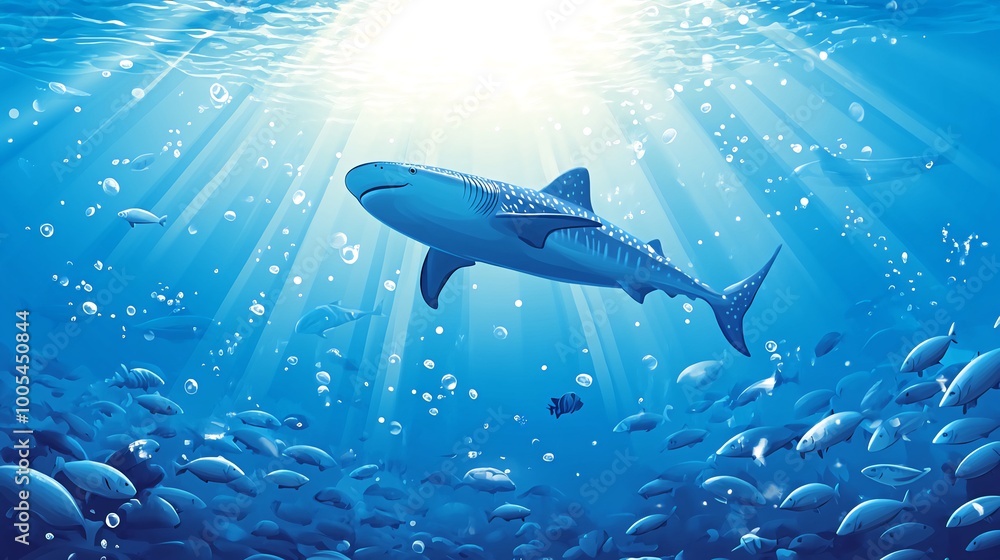 Fototapeta premium A whale shark swims through a school of fish in the ocean, with sunlight shining down from above.