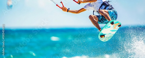 Kiteboarder performing aerial tricks, ocean spray below, capturing high-energy movement photo