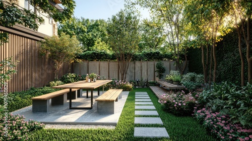 A serene garden setting featuring a modern table, benches, and lush greenery, perfect for outdoor gatherings and relaxation.