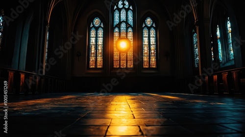 A serene interior of a church, with sunlight streaming through colorful stained glass windows, casting warm light on the floor. photo