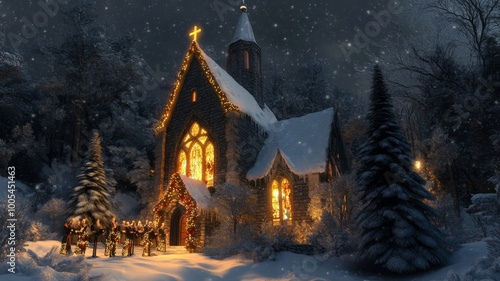 Christmas Carolers Singing in Front of a Snow-Covered Church