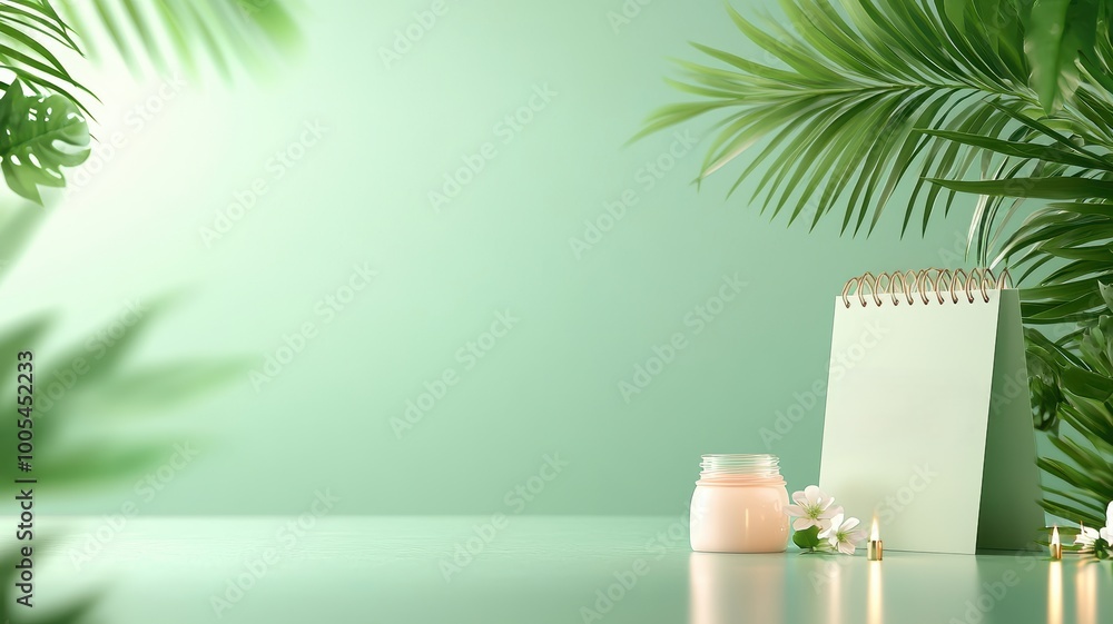 Serene Green Workspace with Skincare Products and Notebook Serene Green Workspace with Skincare Products and Notebook
