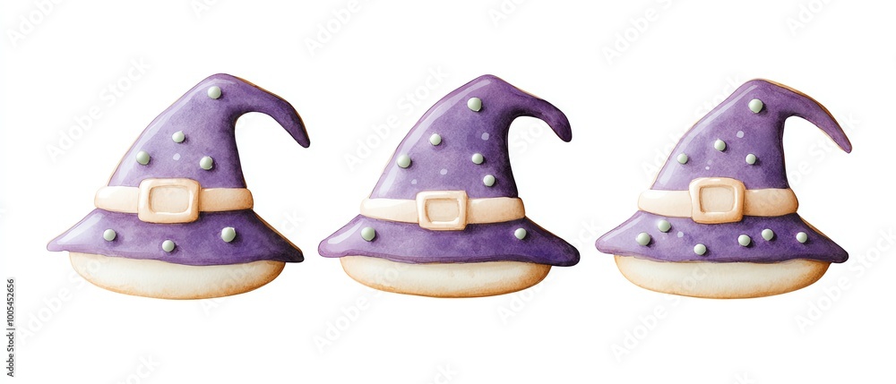 A trio of whimsical purple witch hats adorned with sparkles, perfect for Halloween-themed desserts or festive decorations. A trio of whimsical purple witch hats adorned with sparkles, perfect for Halloween-themed desserts or festive decorations.