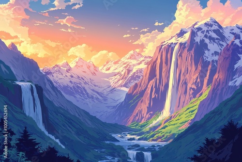 Majestic Mountain Range with Cascading Waterfalls at Sunset