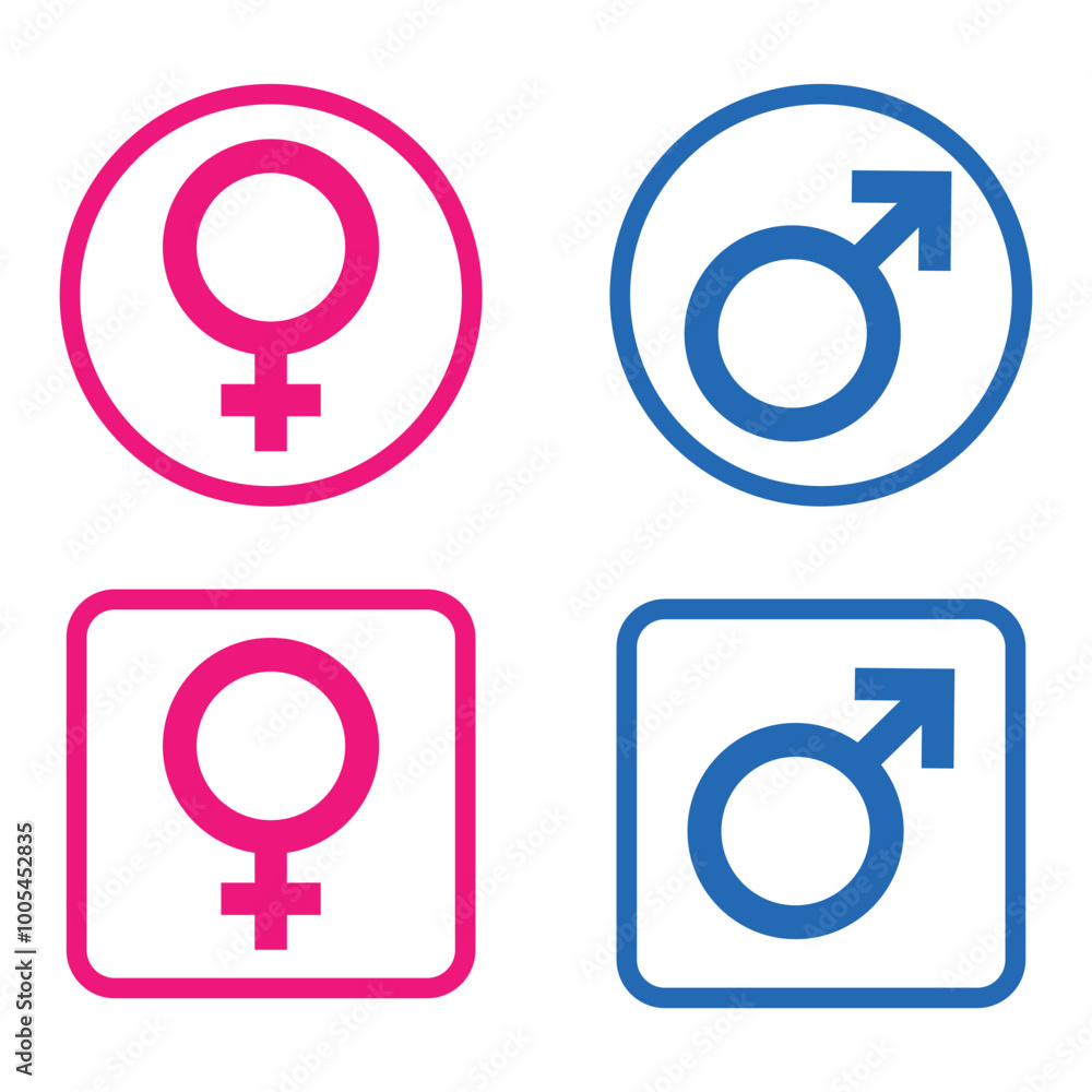 Male and female gender symbols in circles and squares in blue and pink Male and female gender symbols in circles and squares in blue and pink