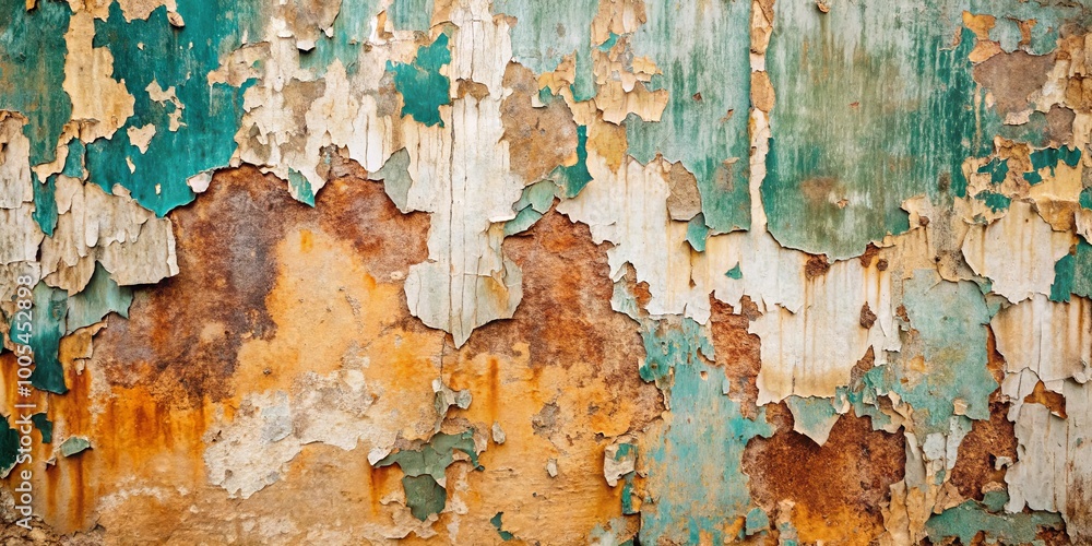 Fototapeta premium Peeling paint reveals a history of layers, rust, and time's relentless touch.
