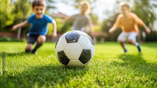 Children playing soccer on a sunny day in a green field.