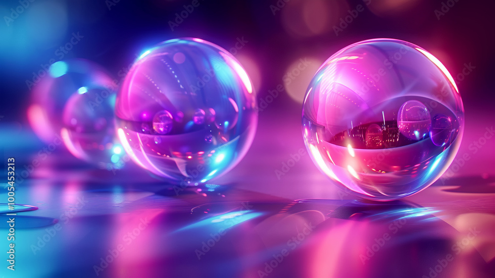 Colorful spheres reflecting urban lights in a dazzling evening ambiance Colorful spheres reflecting urban lights in a dazzling evening ambiance