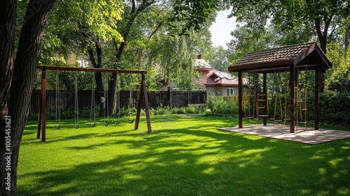 A serene playground featuring swings and a playhouse, surrounded by lush greenery and trees, perfect for outdoor activities.