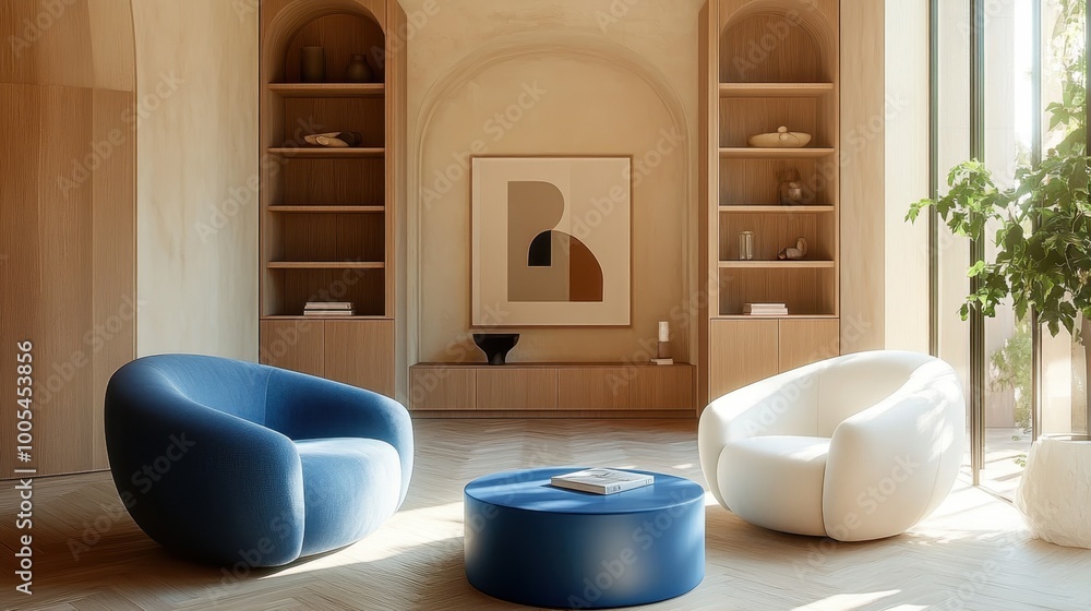 Modern minimalist living room, curved blue armchairs, round white armchair, circular blue coffee table, abstract geometric wall art, built-in wooden shelving, arched window, potted plant, light wood p Modern minimalist living room, curved blue armchairs, round white armchair, circular blue coffee table, abstract geometric wall art, built-in wooden shelving, arched window, potted plant, light wood p