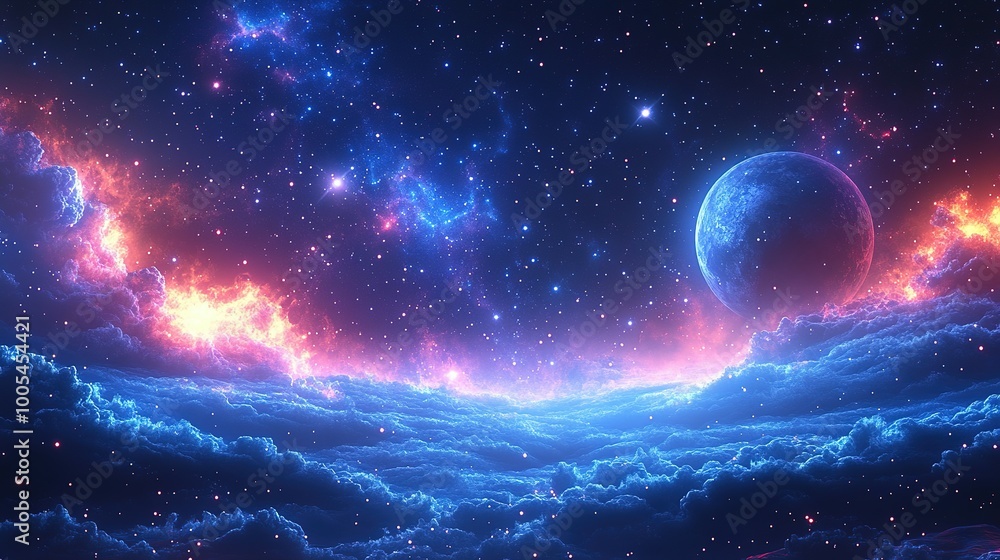 A Blue Planet Surrounded by Glowing Clouds and Stars in a Dark Night Sky A Blue Planet Surrounded by Glowing Clouds and Stars in a Dark Night Sky