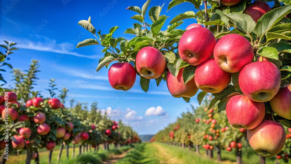 Obraz premium Red Apples Hanging From Tree Branches in Orchard