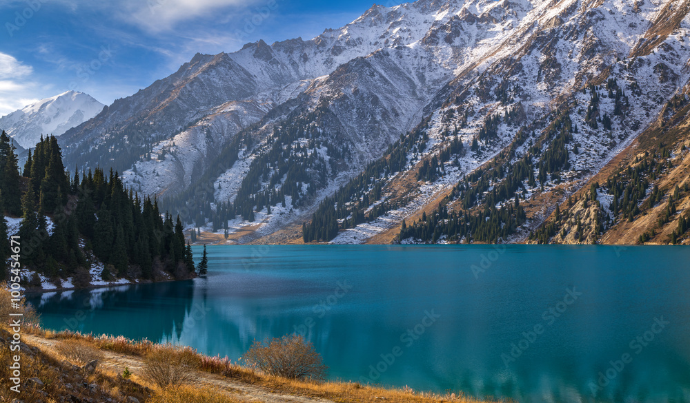 Big Almaty lake in the mountains near the Kazakh city of Almaty in the early morning Big Almaty lake in the mountains near the Kazakh city of Almaty in the early morning