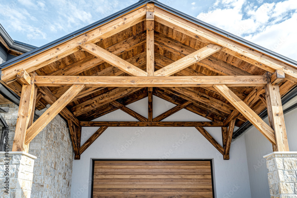 Fototapeta premium A detailed view of a wooden structure supporting a porch, showcasing craftsmanship and design.