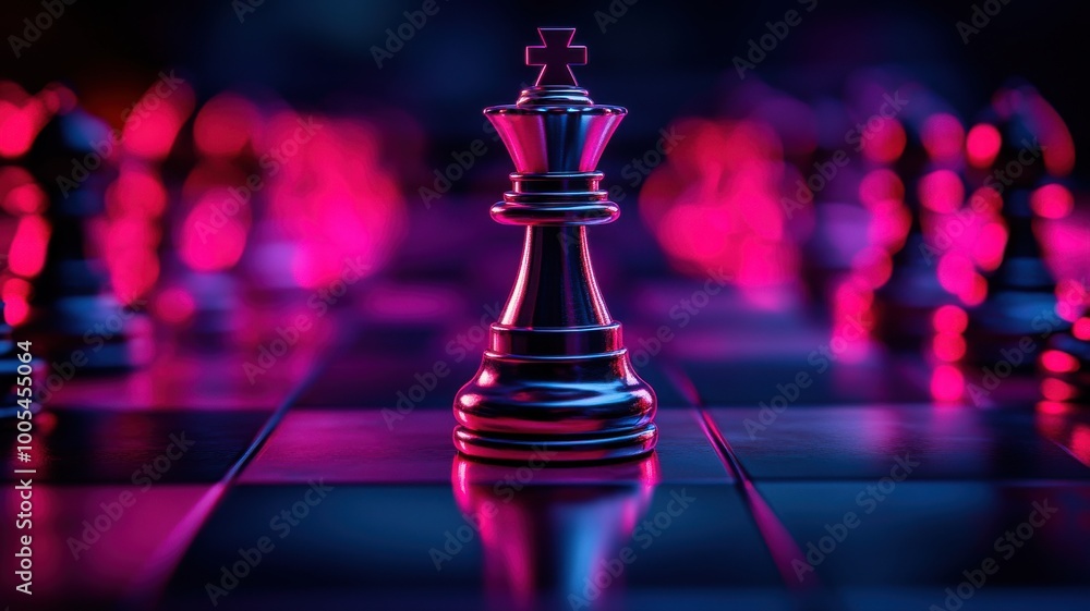 Close-up of a chess king on a board, illuminated by neon lights. Close-up of a chess king on a board, illuminated by neon lights.
