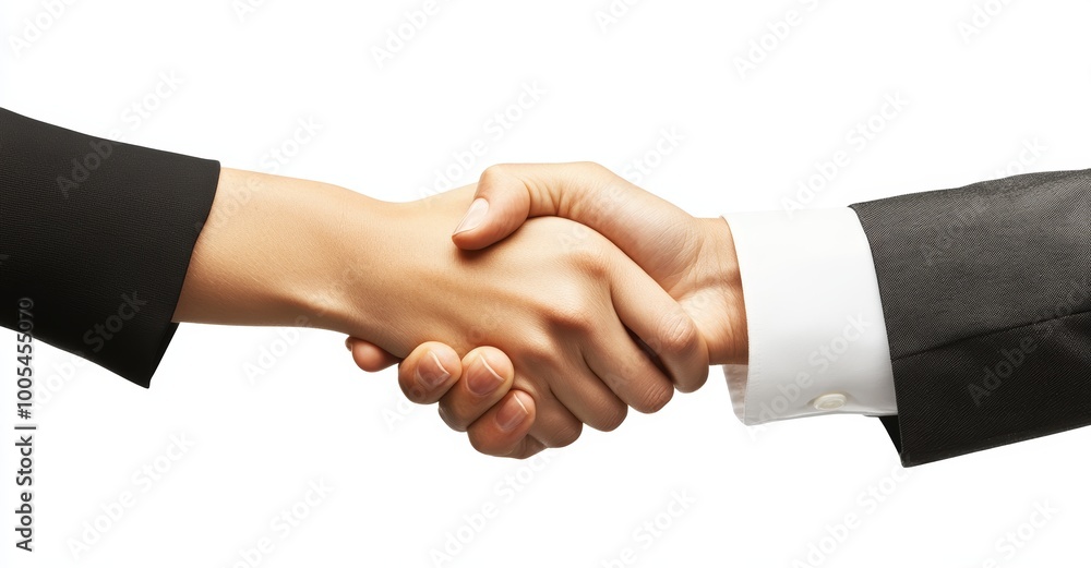 A close-up shot of a handshake between a man and a woman in business suits, symbolizing agreement, partnership, and collaboration.