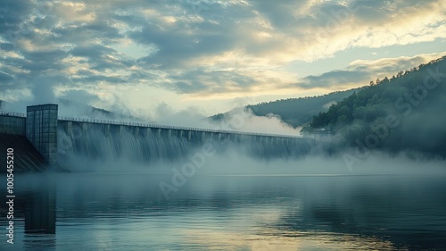 A serene view of a dam surrounded by misty waters and soft clouds reflecting the tranquil beauty of nature at dawn.