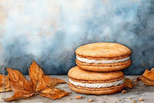 Wallpaper Mural Delicious macarons with cream filling, set against a soft blue background and autumn leaves, perfect for dessert lovers. Torontodigital.ca