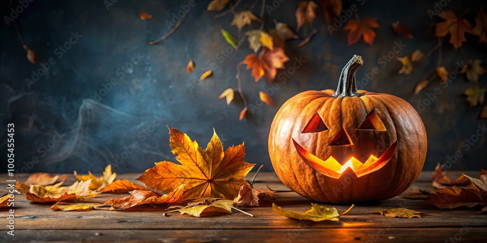 A glowing jack-o'-lantern sits on a wooden surface surrounded by fallen autumn leaves and a smoky backdrop. A glowing jack-o'-lantern sits on a wooden surface surrounded by fallen autumn leaves and a smoky backdrop.