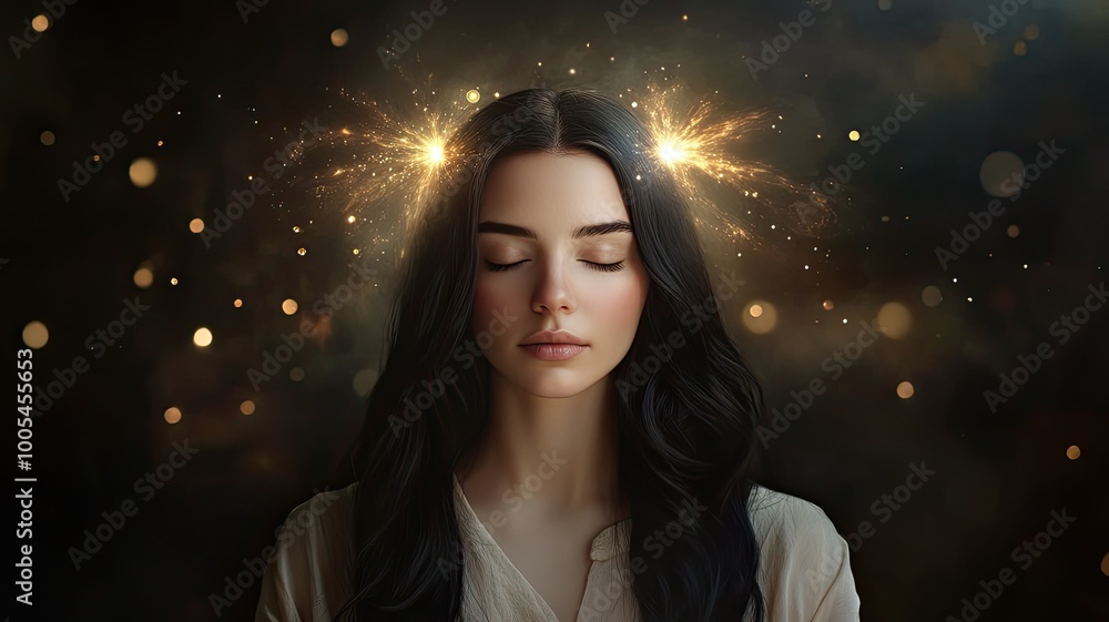 A serene woman with closed eyes, surrounded by an ethereal glow and sparkling lights, representing peace and inner reflection. A serene woman with closed eyes, surrounded by an ethereal glow and sparkling lights, representing peace and inner reflection.