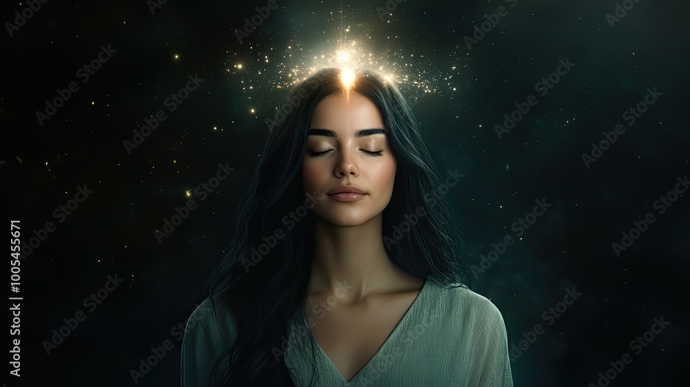 A serene woman with closed eyes, radiating light and energy, symbolizing tranquility and inner peace through spiritual illumination. A serene woman with closed eyes, radiating light and energy, symbolizing tranquility and inner peace through spiritual illumination.