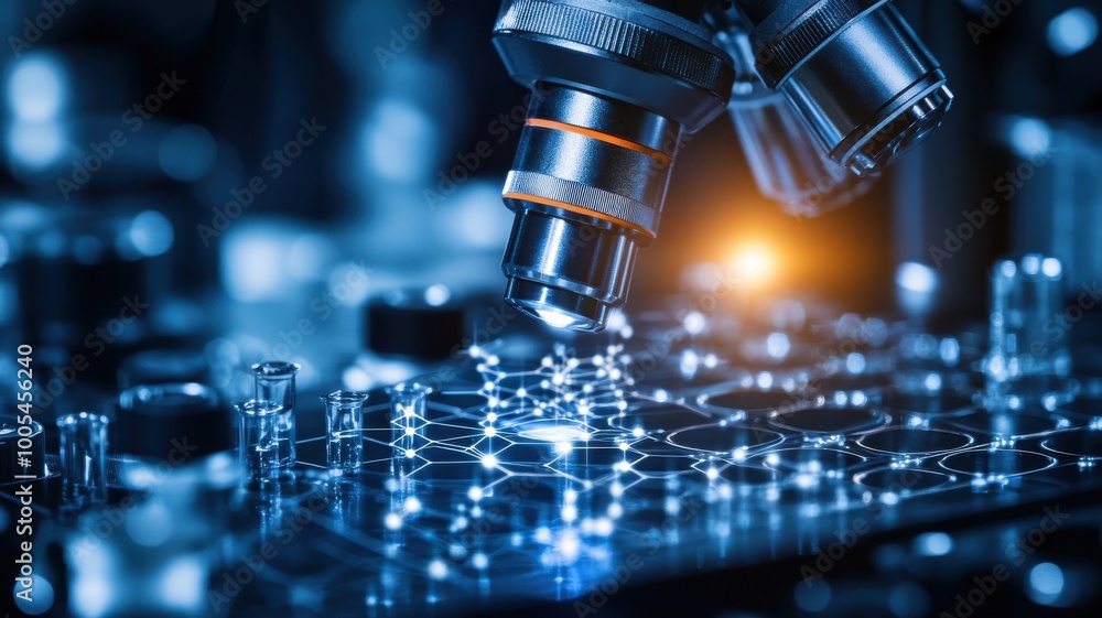 Close-up of a microscope examining a futuristic circuit board in blue tones. Close-up of a microscope examining a futuristic circuit board in blue tones.