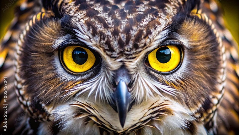 Fototapeta premium A close-up portrait of an owl's piercing yellow eyes, focused and ready for the hunt. The intricate detail of the feathers surrounding its eyes adds a captivating texture.