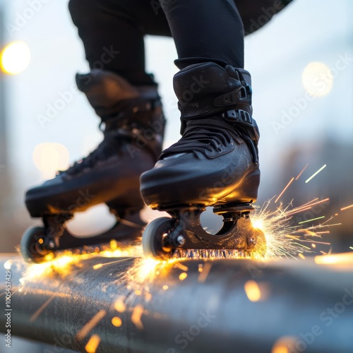 Rollerblader grinding on an urban railing, sparks trailing, capturing movement and thrill photo