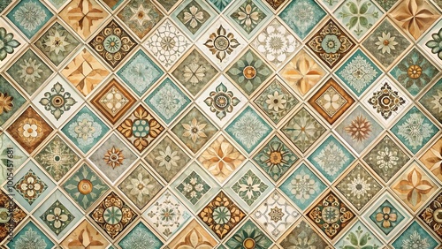 Ornamental Tile Mosaic with Intricate Floral Designs in Hues of Blue, Beige, and Green