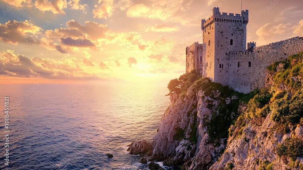 A stunning castle perched on a cliff, overlooking the serene ocean at sunset, creating a picturesque and tranquil landscape. A stunning castle perched on a cliff, overlooking the serene ocean at sunset, creating a picturesque and tranquil landscape.