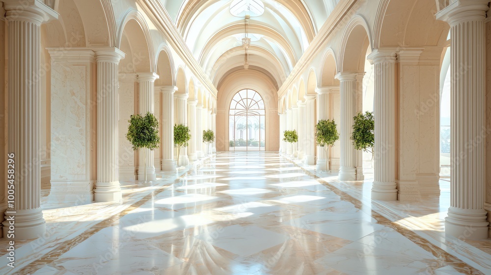 Fototapeta premium A stunning interior hallway featuring marble floors, elegant arches, and natural light filtering through large windows.