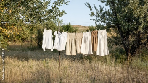 Clothes drying on a line in nature, surrounded by greenery and grass.