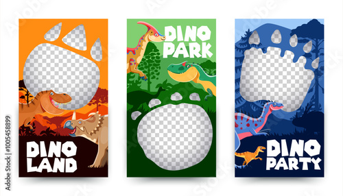 Banner templates with footprint of prehistoric dinosaurs. Colorful vector frames for dino land, dino park or dino party events with vibrant Jurassic backgrounds featuring funny ancient reptile animals