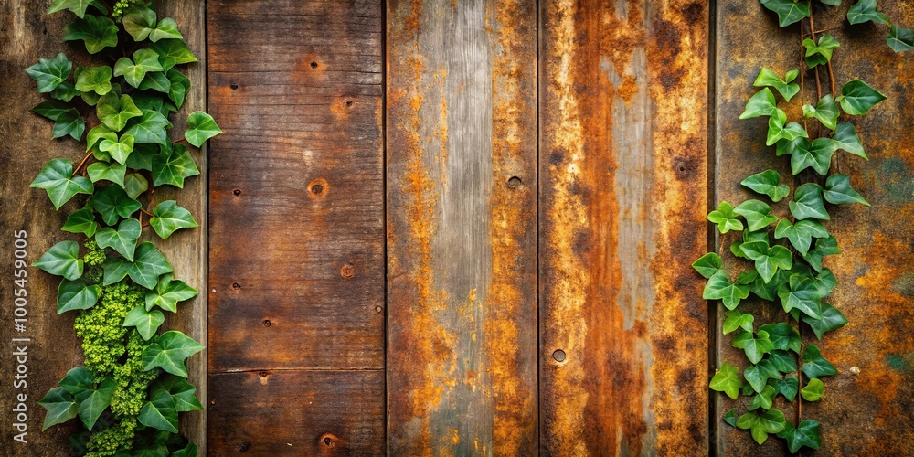 Rustic Wooden Panels with Lush Green Ivy Growth Rustic Wooden Panels with Lush Green Ivy Growth