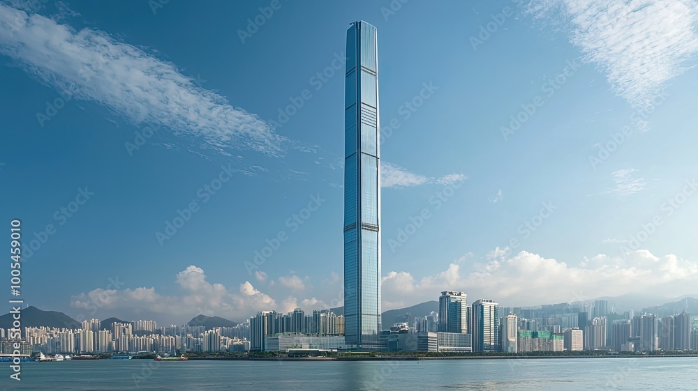A stunning skyscraper towering over a vibrant city skyline, showcasing modern architecture against a clear blue sky. A stunning skyscraper towering over a vibrant city skyline, showcasing modern architecture against a clear blue sky.
