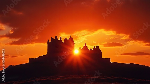 A stunning sunset silhouette of a majestic castle, framed by vibrant colors of orange and purple in the evening sky.