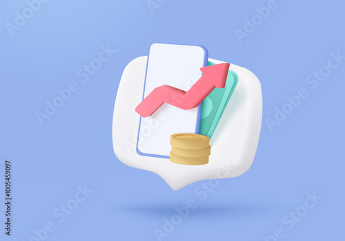 3D money payment transfer icon, online purchase concept, Bundles cash and saving coins exchange successful with mobile phone banking. 3d smartphone and cashless society icon vector render illustration