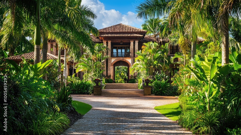 A stunning tropical mansion surrounded by lush greenery and palm trees, showcasing a beautiful pathway leading to an elegant entrance. A stunning tropical mansion surrounded by lush greenery and palm trees, showcasing a beautiful pathway leading to an elegant entrance.