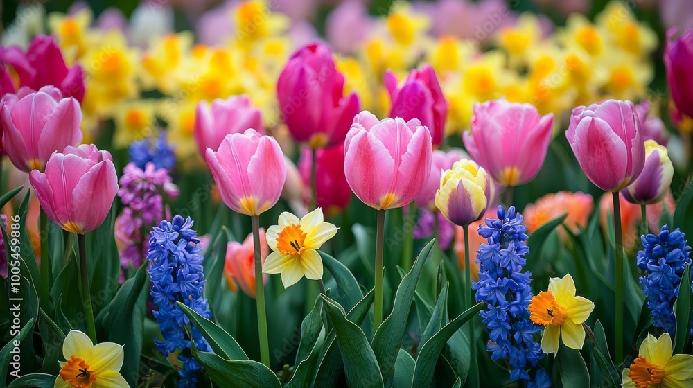 Vibrant garden filled with colorful tulips, daffodils, and hyacinths, creating a beautiful spring floral landscape.