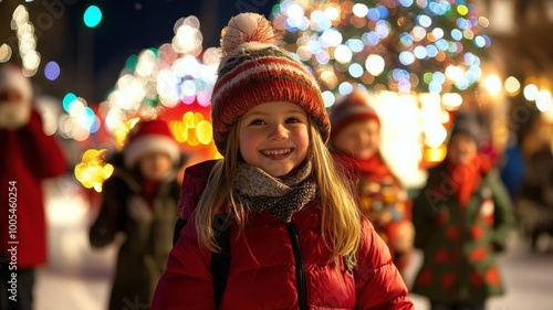 A smiling girl in a red winter coat stands in front of a brightly lit Christmas tree.