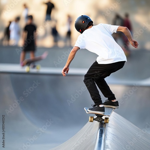 Skater grinding along a rail in a skate park, capturing adrenaline in an urban environment photo