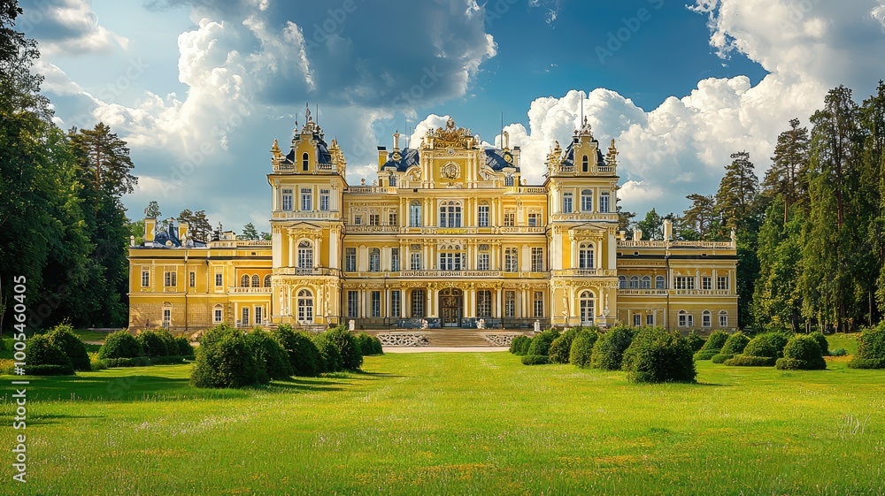 A stunning yellow palace surrounded by lush green gardens under a beautiful sky, perfect for showcasing architectural elegance.